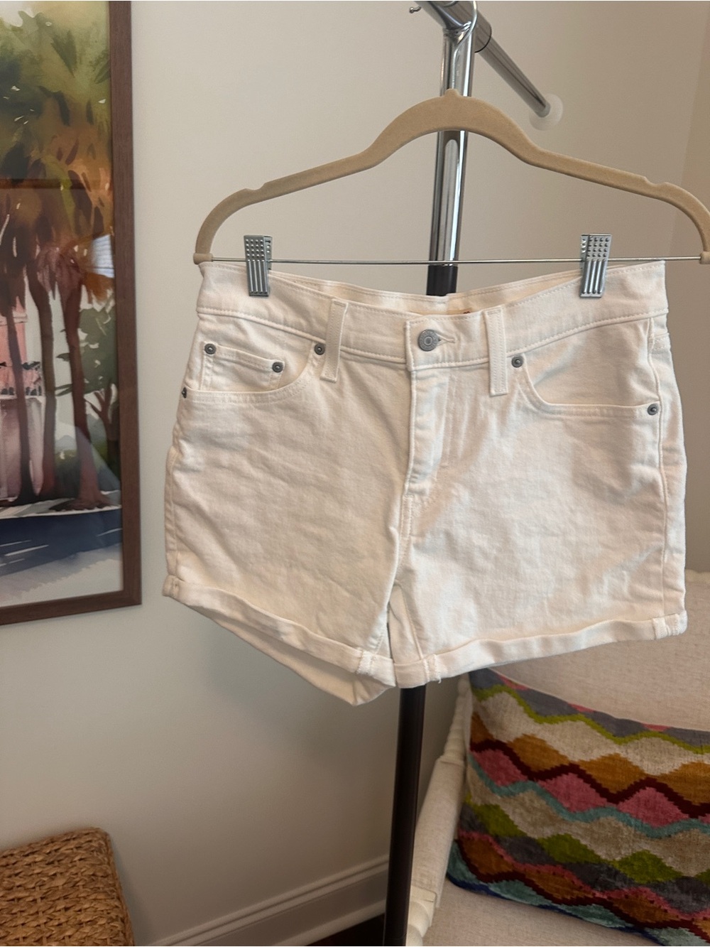 Levi's Cream High-Rise Denim Shorts with Cuffed Hem